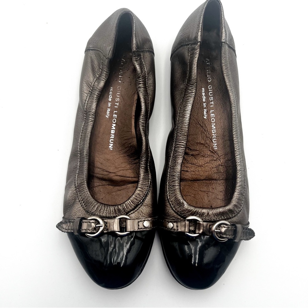 Attilio Giusti Leombruni Leather Ballet Metallic Flats Patent Black Toe Size 7.5 - Picture 2 of 10